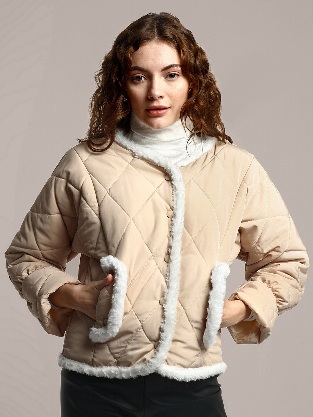 iki chic Collarless Lightweight Fur Quilted Jacket