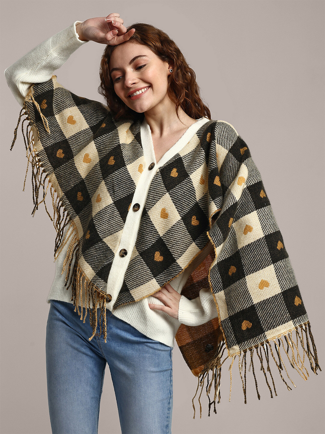 iki chic Off White Checked Woollen Cardigan