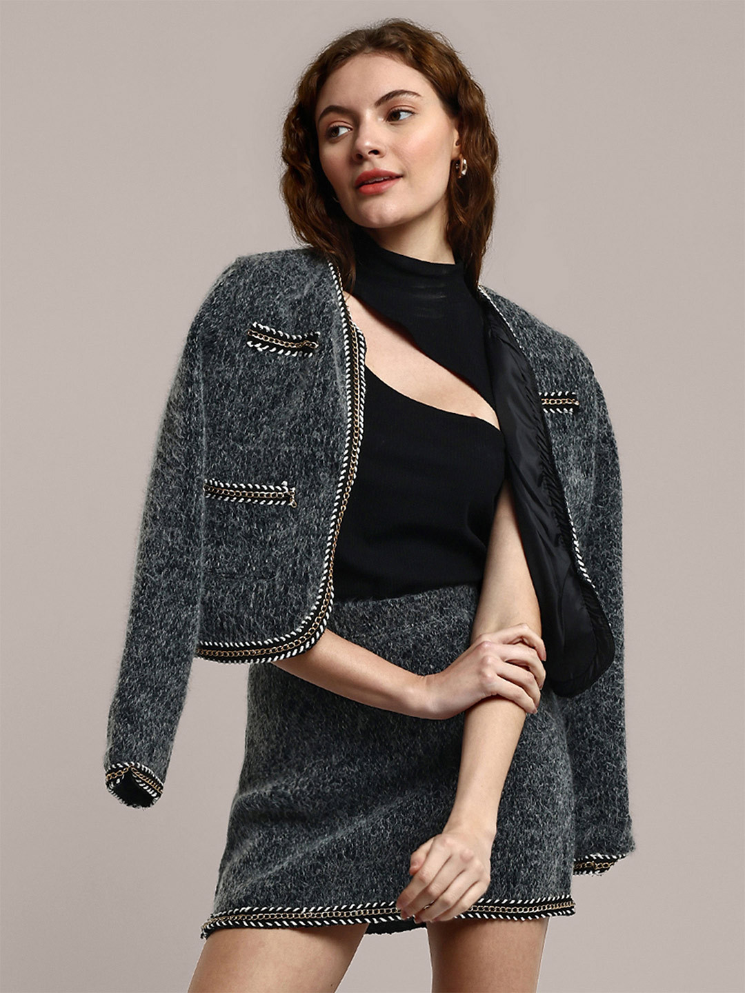 iki chic Grey Self Design Woollen Tweed Jacket With Mini Skirt