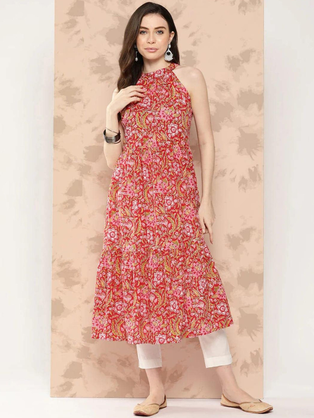 Kamayra Floral Printed Halter Neck Anarkali Pure Cotton Kurta