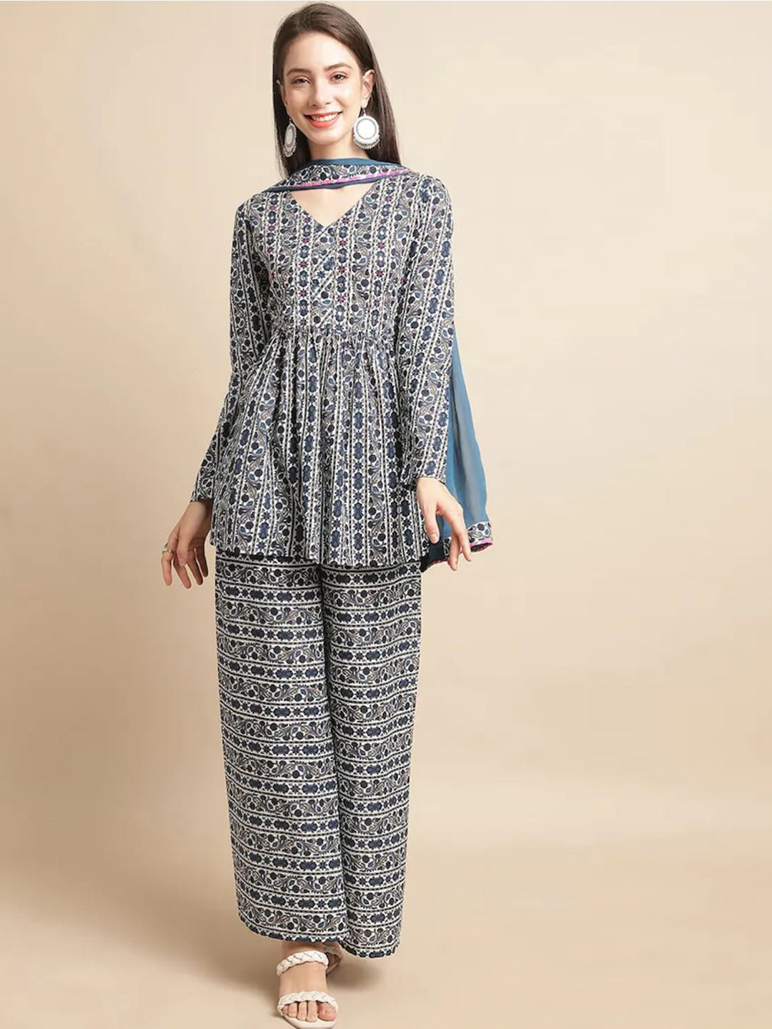 Kamayra Ethnic Motifs Printed Kurti With Palazzos & Dupatta