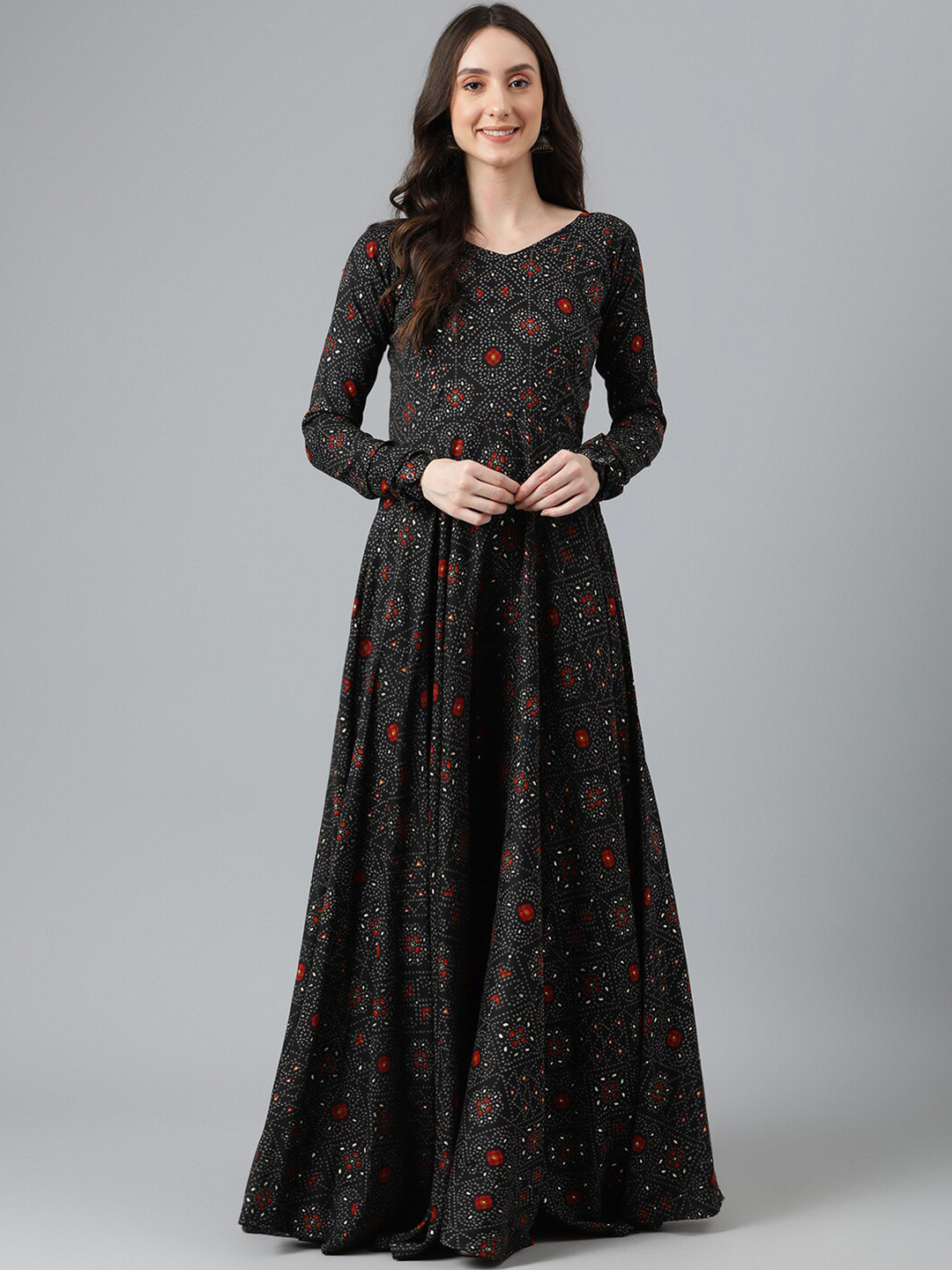 Vinya Ethnic Motifs Printed V-Neck Fit & Flare Dress