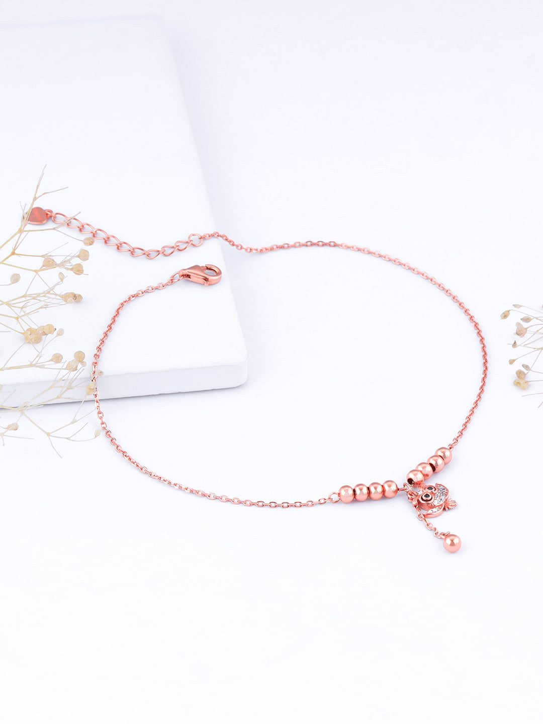 GIVA Set Of 2 925 Sterling Silver Rose Gold Plated Beaded Owl Anklets