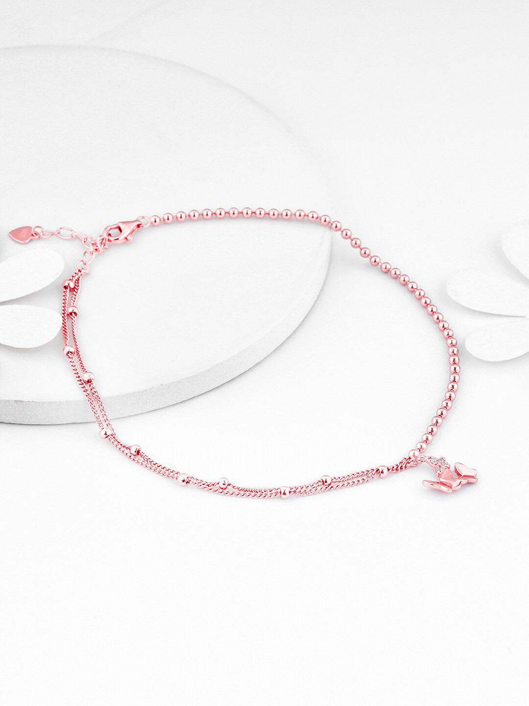 GIVA 925 Sterling Silver Rose Gold Plated Stone Studded Butterfly Flutter Anklets