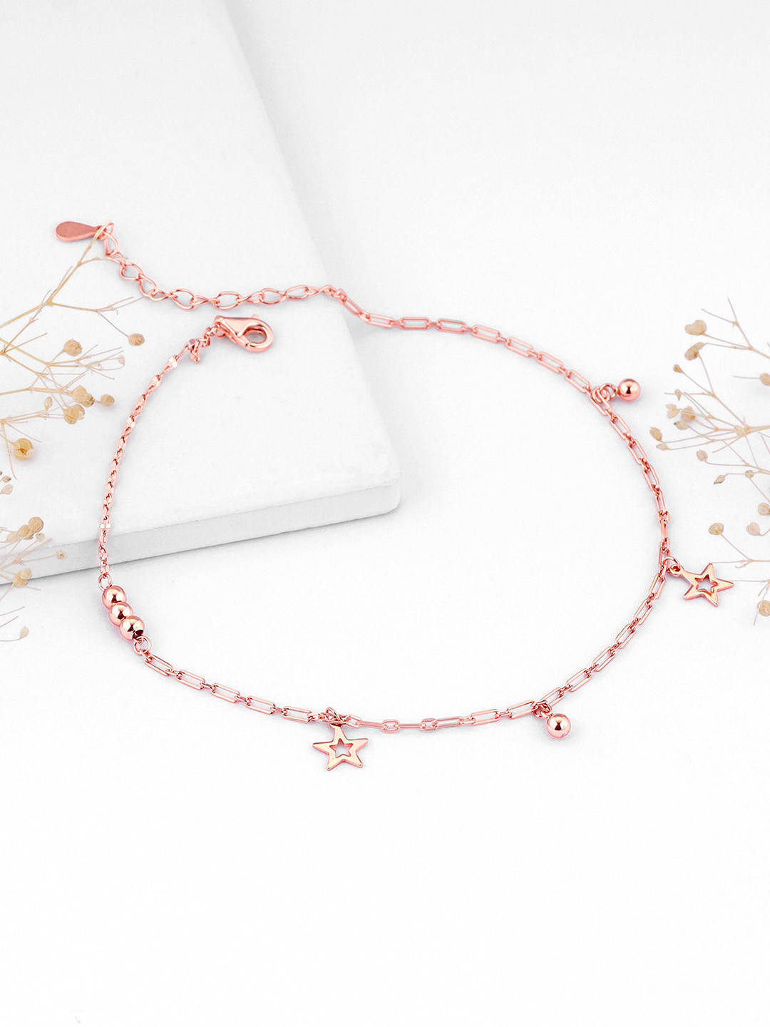 GIVA 925 Sterling Silver Rose Gold Plated Star Laced Anklets