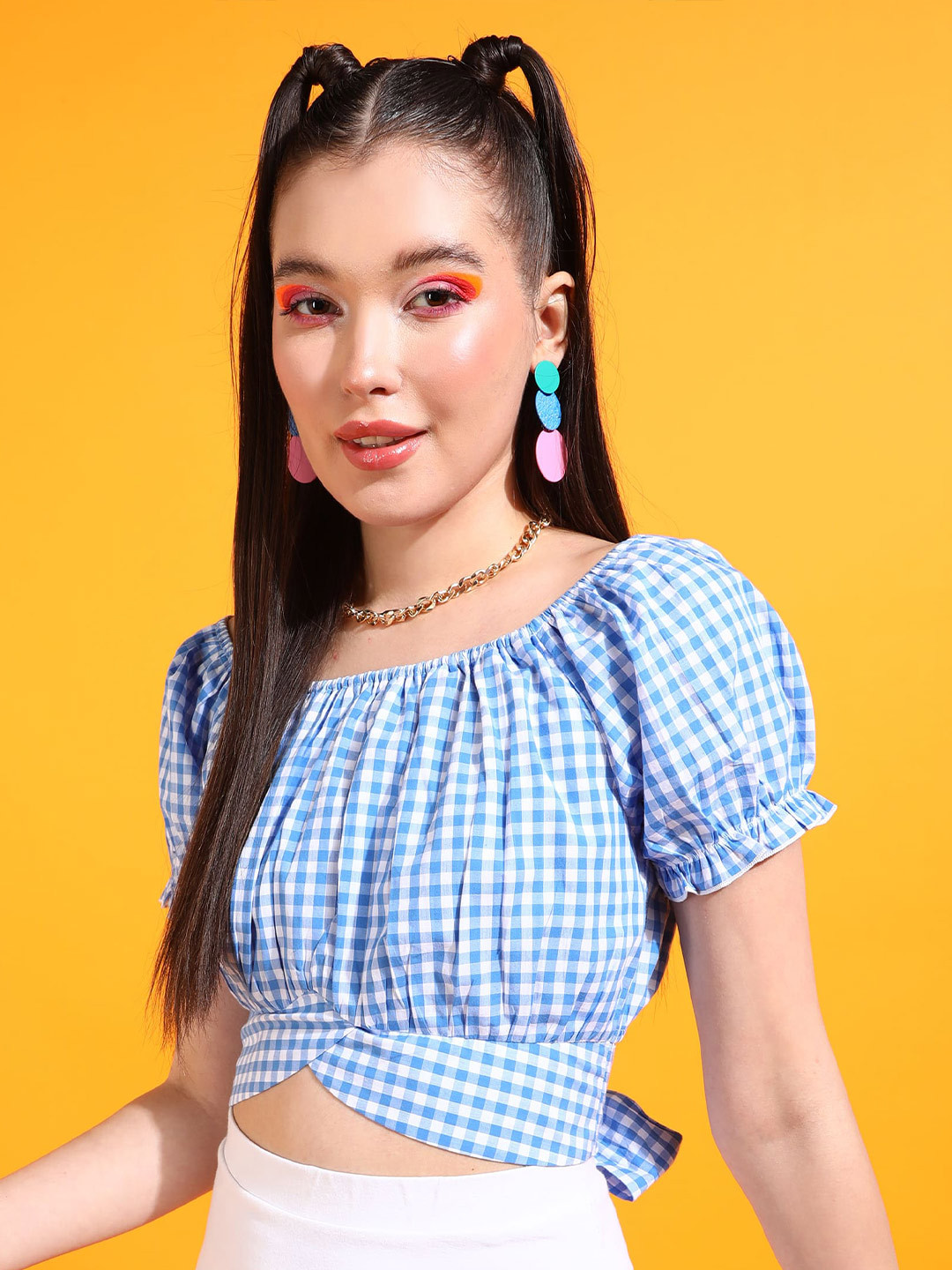 Fuchsia  Checked Puff Sleeve Cotton Cropped Top