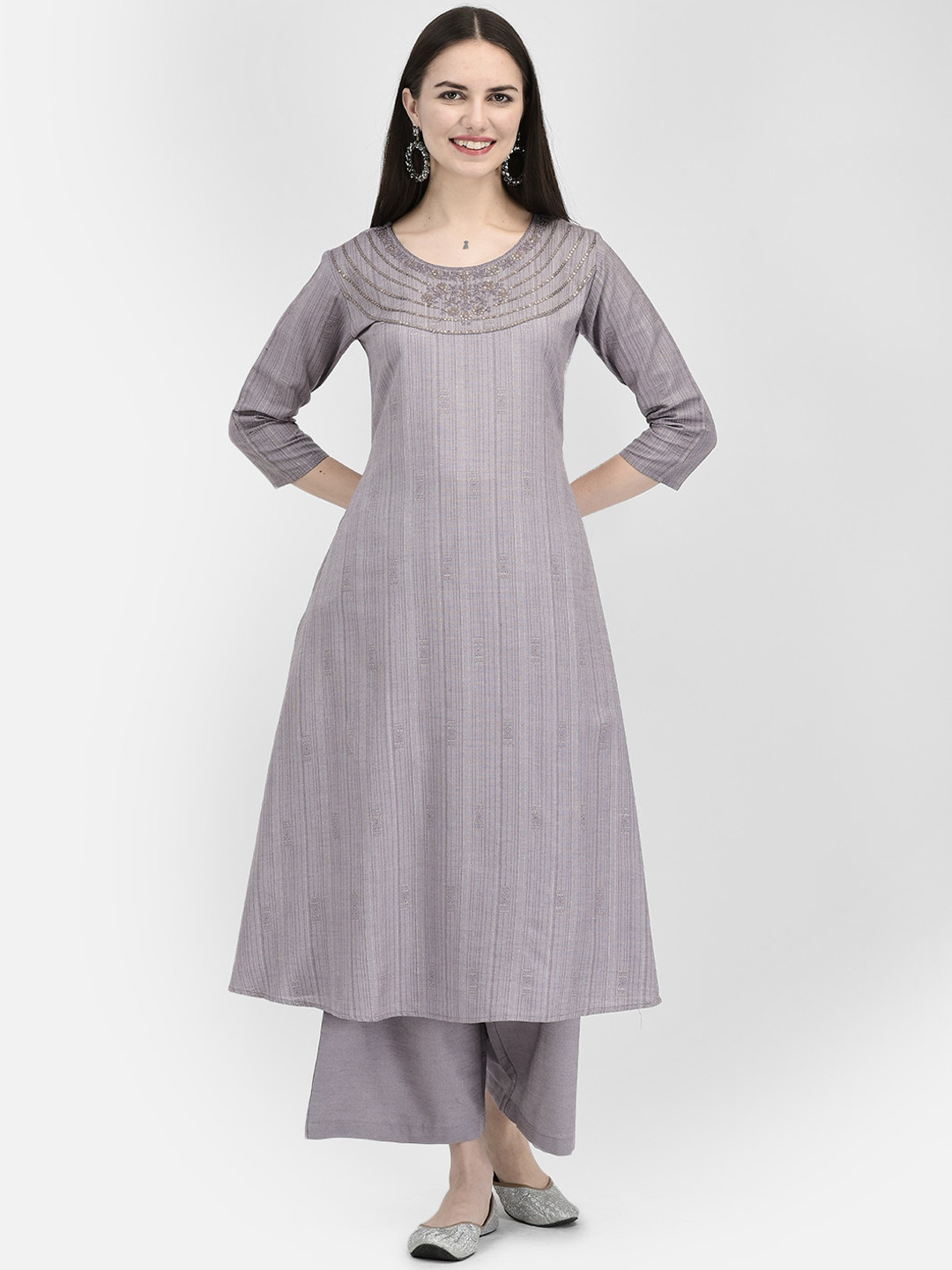 Span Striped Sequined Pure Cotton A-Line Kurta