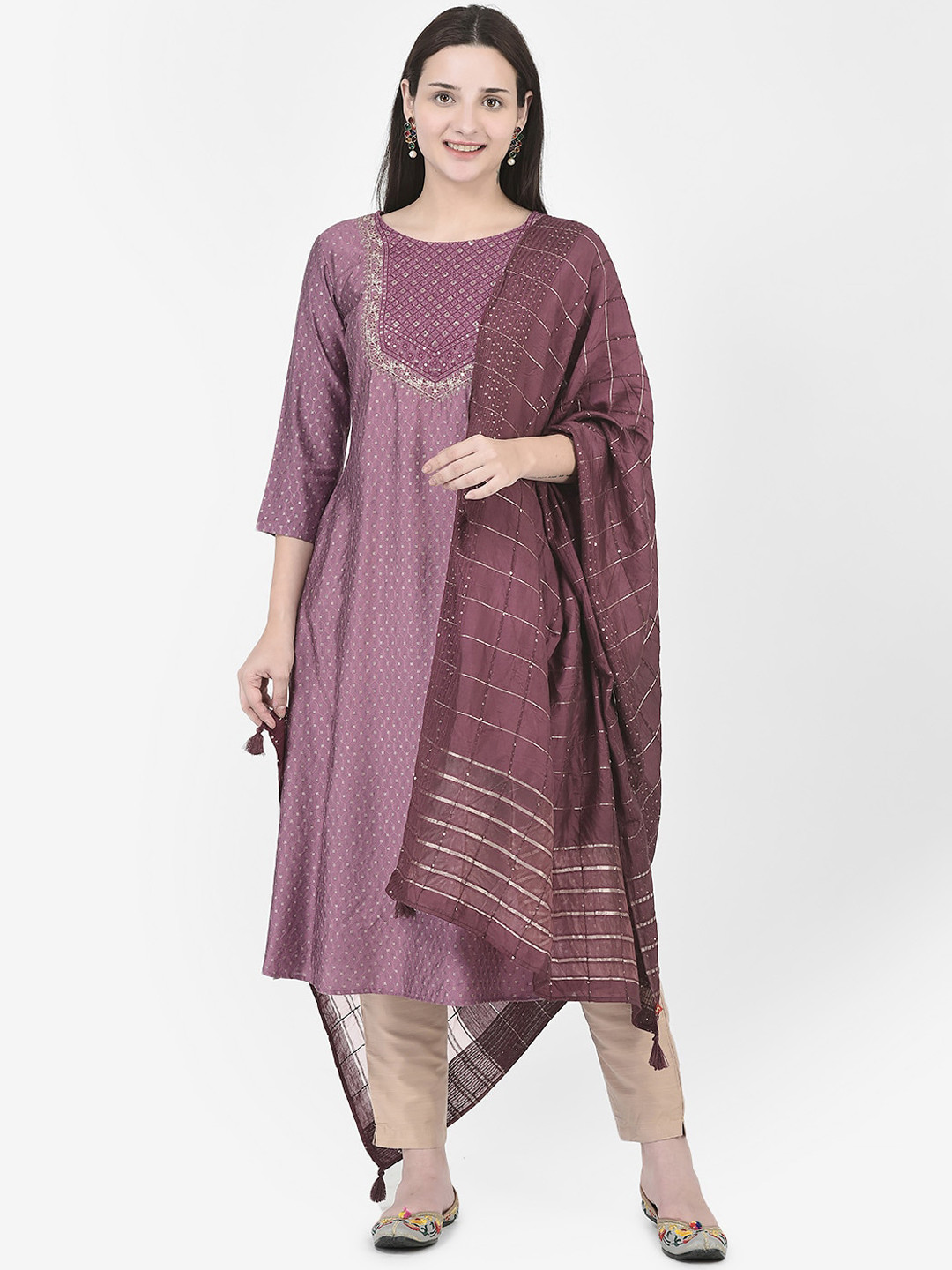 Span Ethnic Motifs Printed Boat Neck Sequined A-Line Kurta
