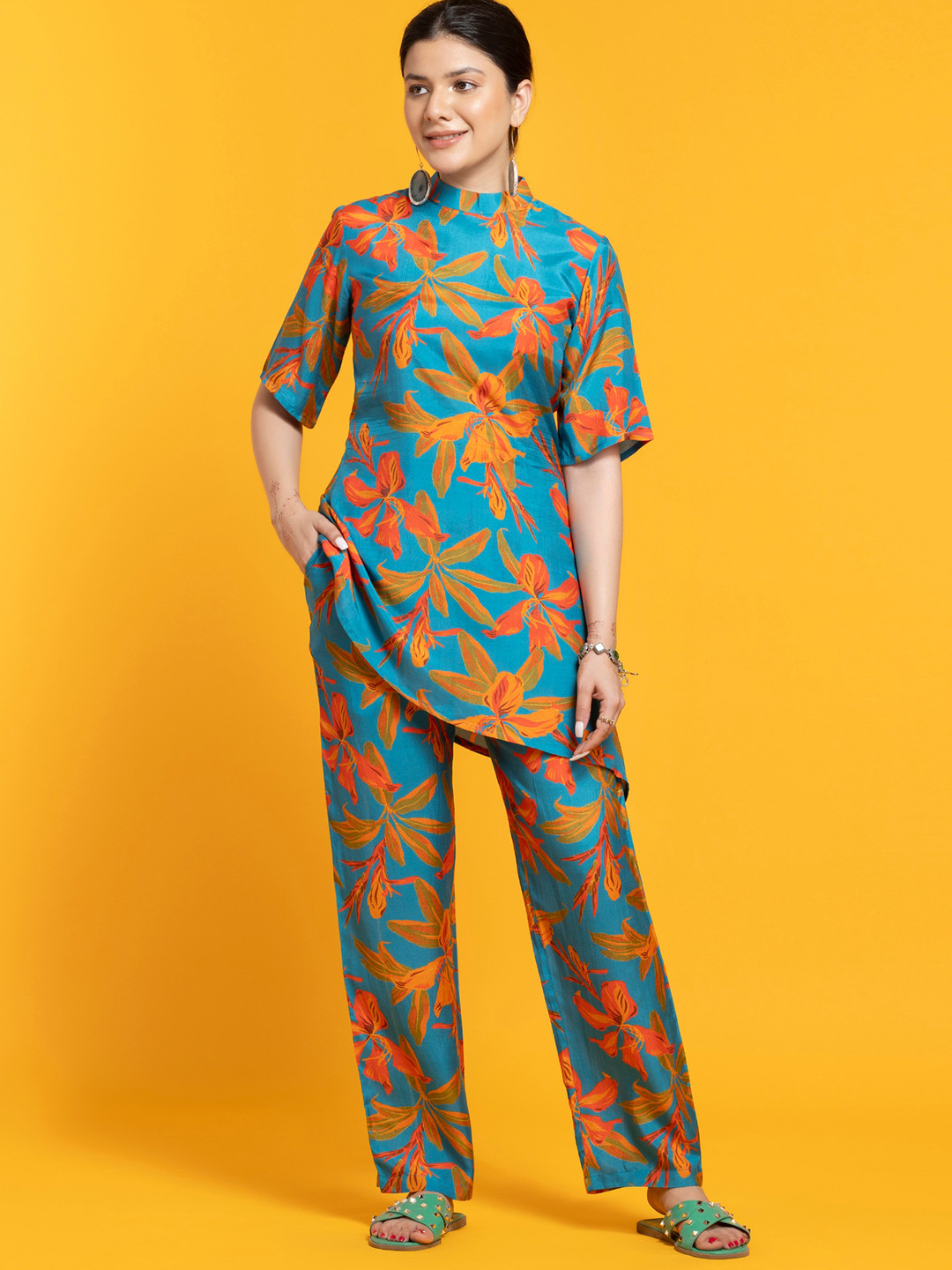 OCTICS Printed High Neck Top & Flared Trouser Co-Ords