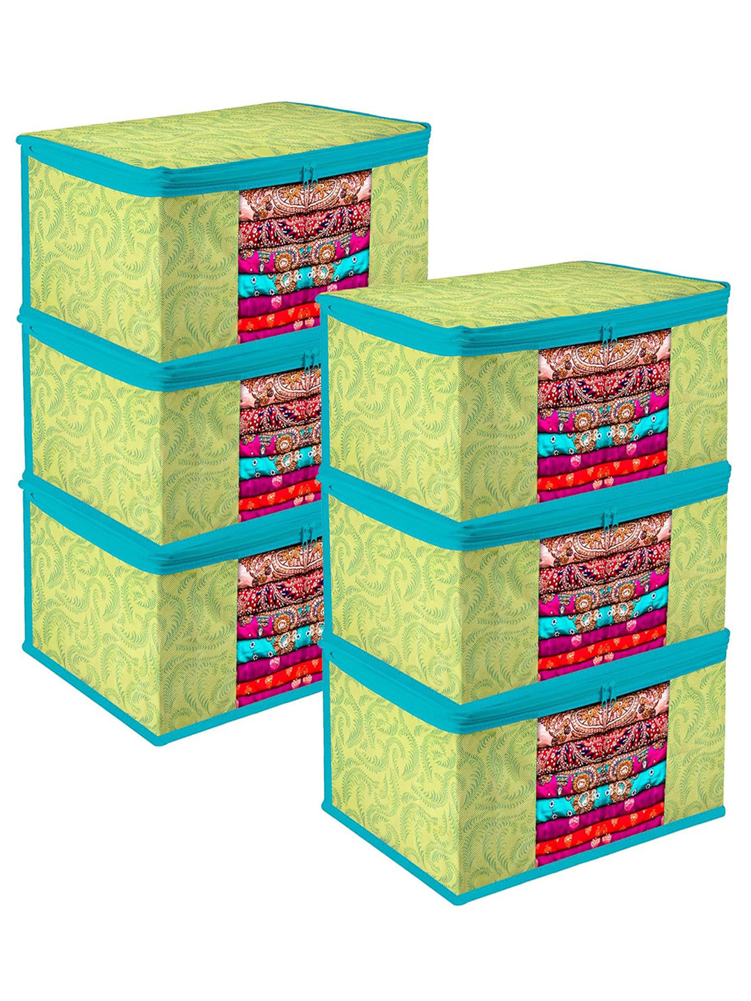 Kuber Industries Green & Blue 6 Pieces Printed Saree Organisers