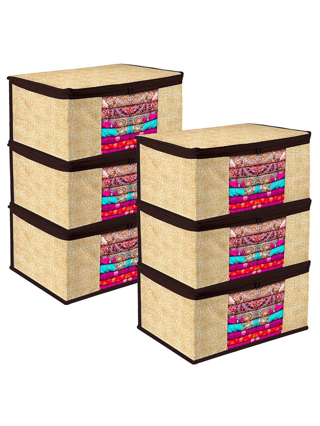Kuber Industries Beige & Black 6 Pieces Floral Printed Multi-Utility  Saree Organisers