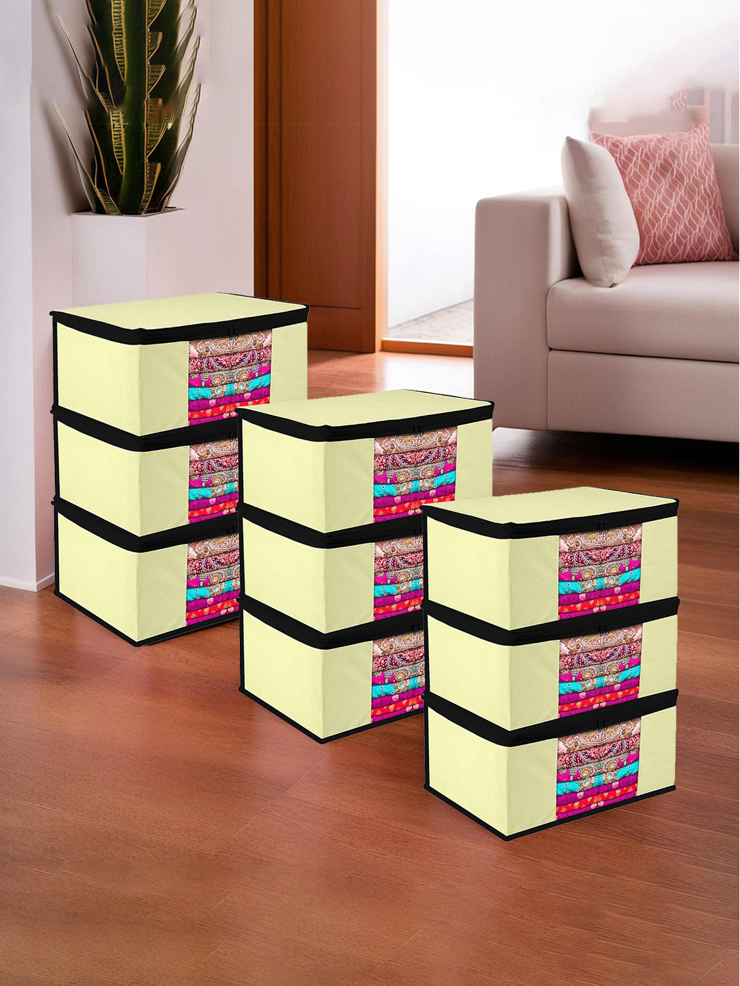 Kuber Industries Set of 9 Yellow Black Fabric Drawer Organiser