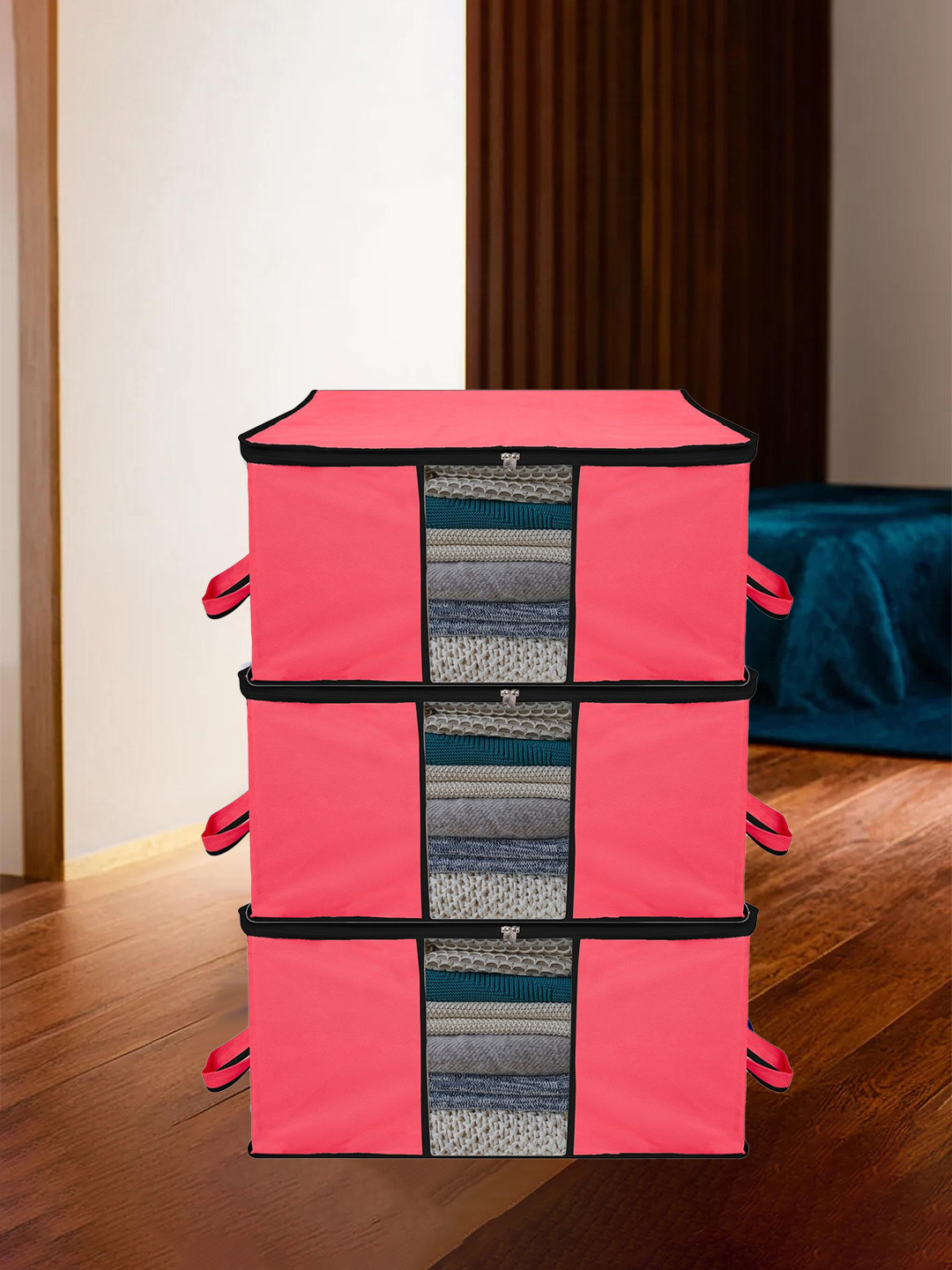 Kuber Industries Pink 3 Pieces Cloth Saree Organisers