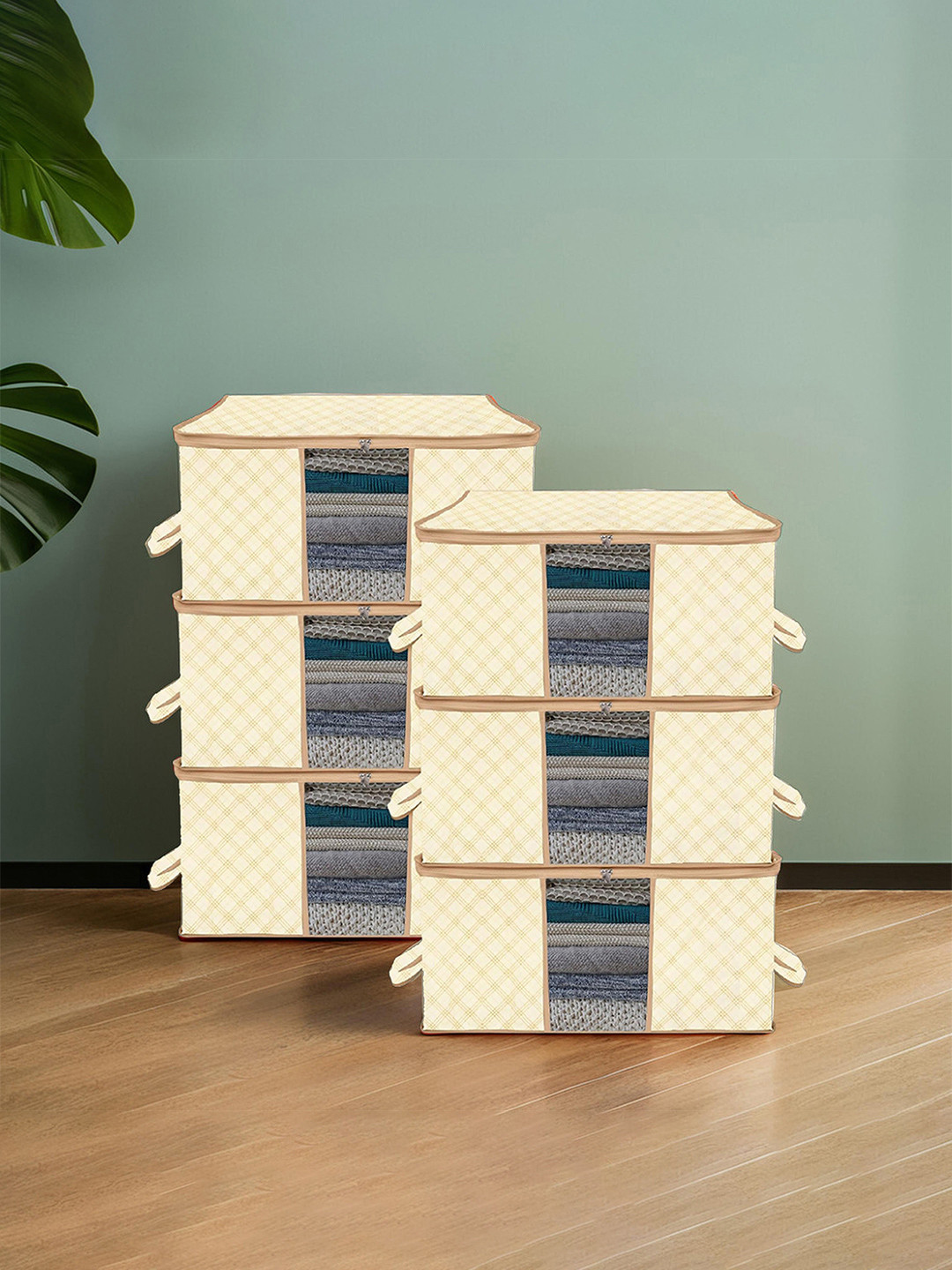 Kuber Industries Cream-Coloured Set of 6 Checked Multi-Utility Organisers