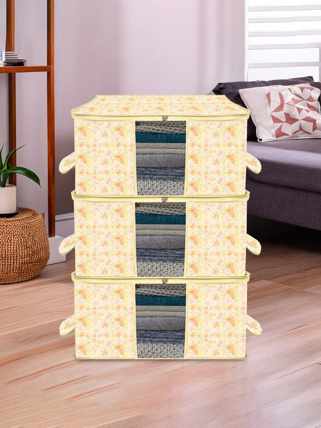 Kuber Industries Off White Set of 3 Printed Multi-Utility Organisers