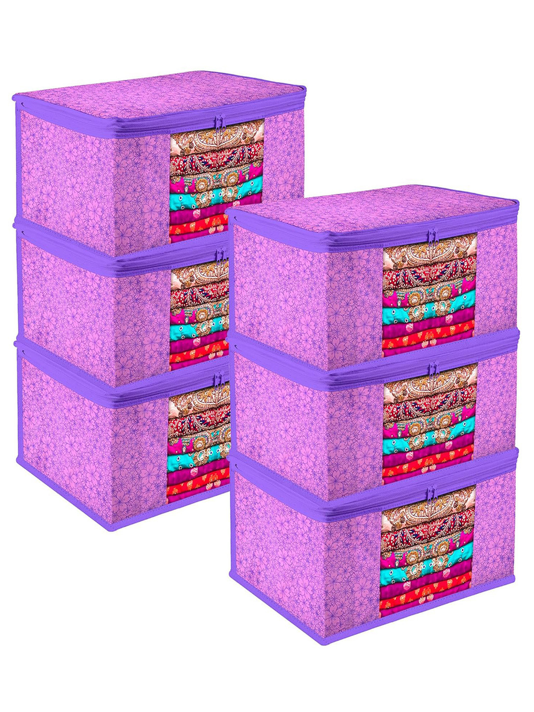 Kuber Industries Purple & Pink 6 Pieces Printed Saree Organisers