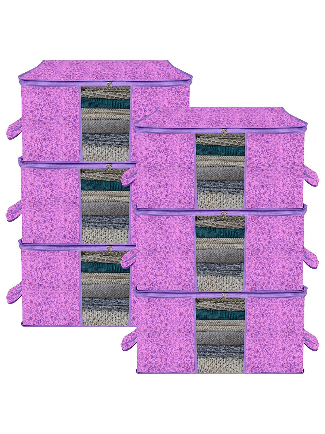 Kuber Industries Purple & Pink 6 Pieces Floral Printed Multi-Utility Organisers