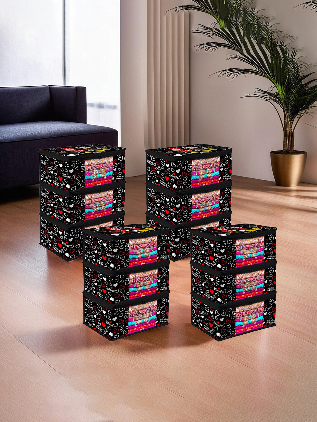 Kuber Industries Black & Red 12 Pieces Cartoon Printed Zipper Saree Organisers