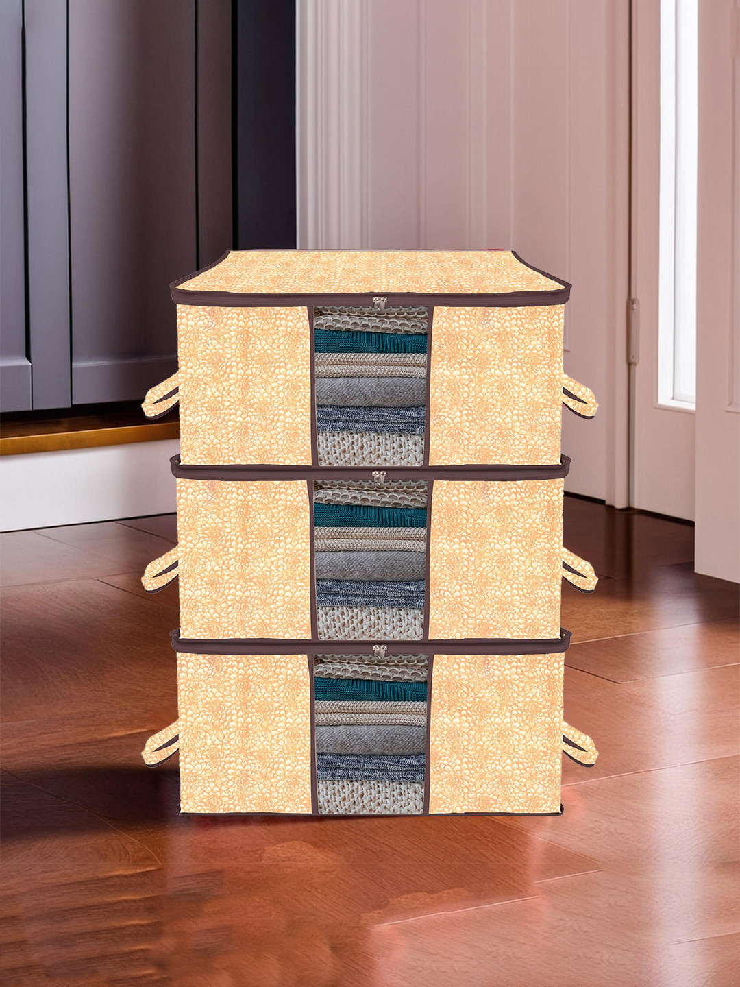 Kuber Industries Brown 3 Pieces Abstract Printed Drawer Organisers With Handles