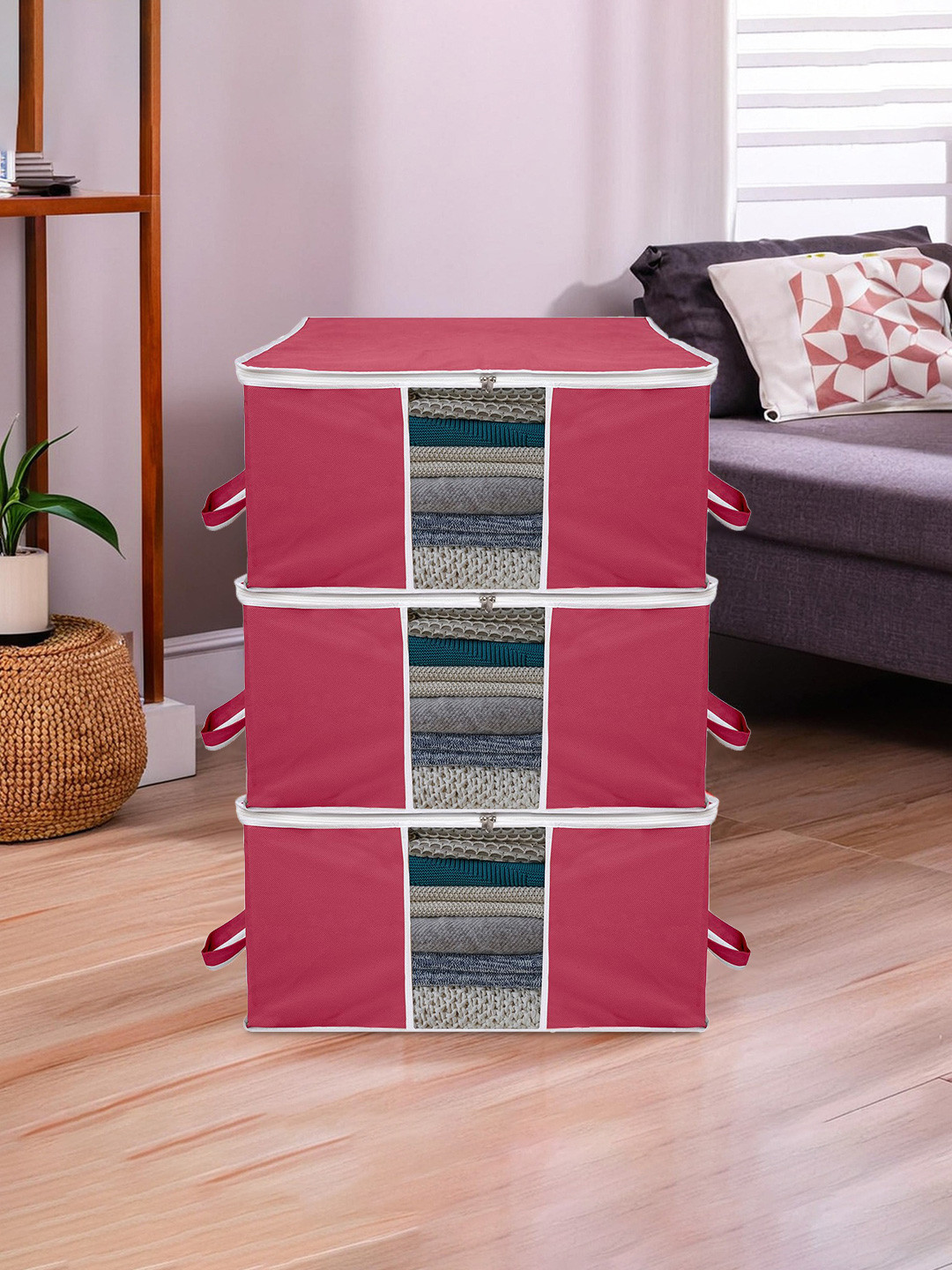 Kuber Industries Pink & Cream 3 Pieces Printed Storage Bag Organiser