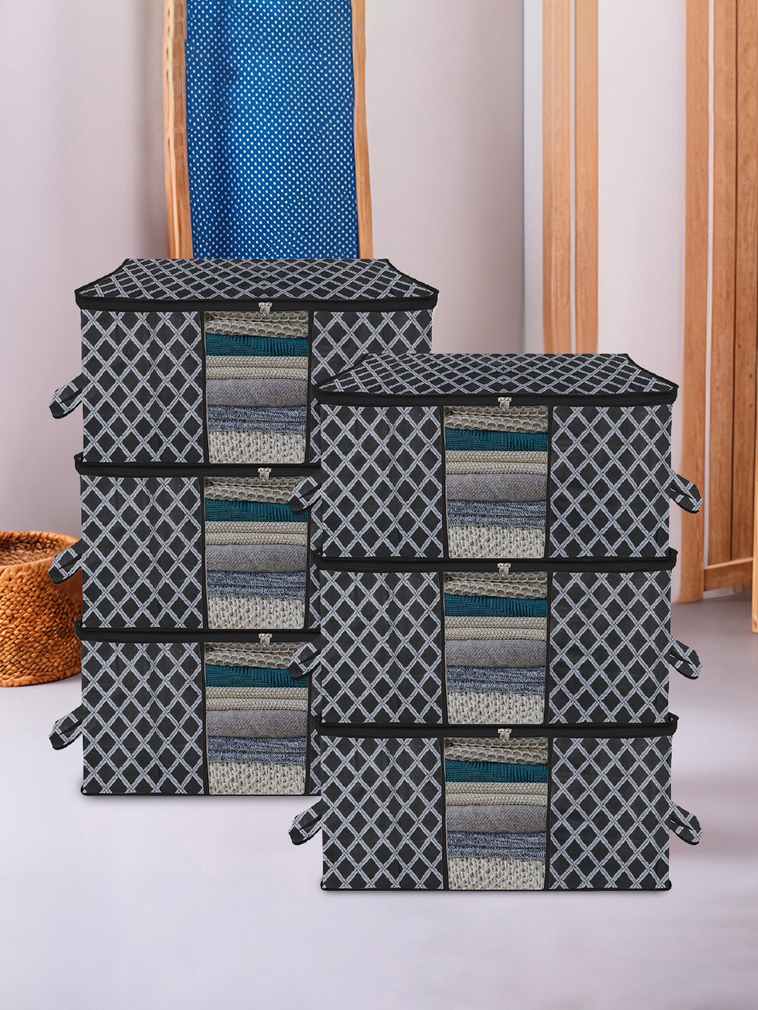 Kuber Industries Black 6 Pcs Large Storage Bag Organiser Blanket Cover Cloth Organizer