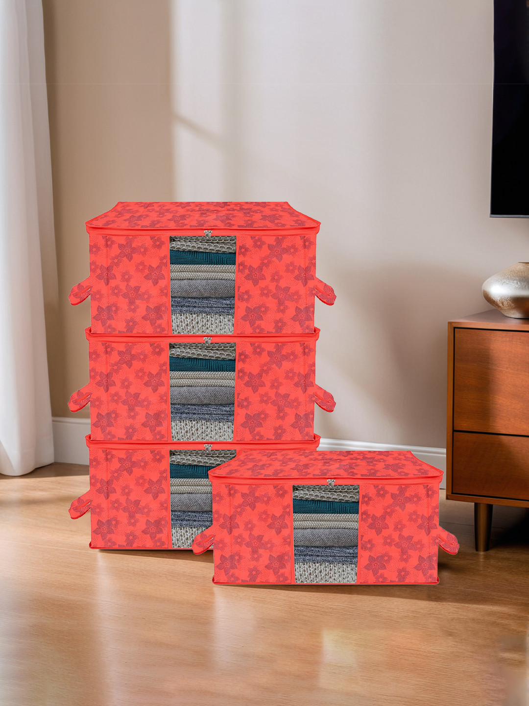 Kuber Industries Red 4 Pieces Printed Saree Organisers