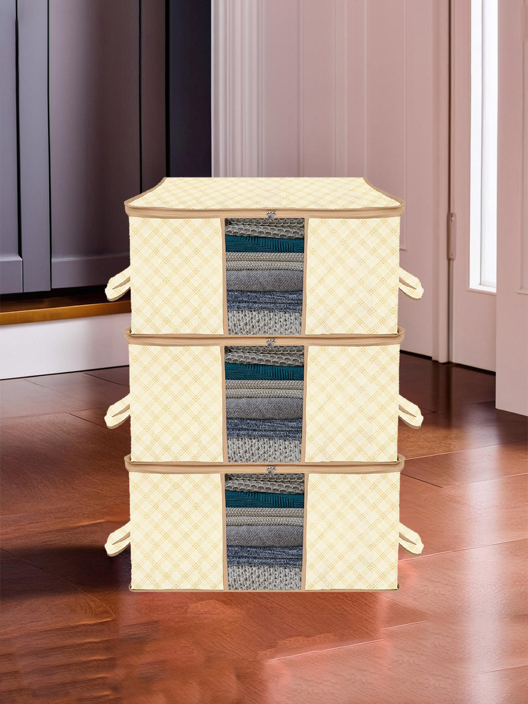 Kuber Industries Cream-Coloured Set of 3 Checked Multi-Utility Organisers