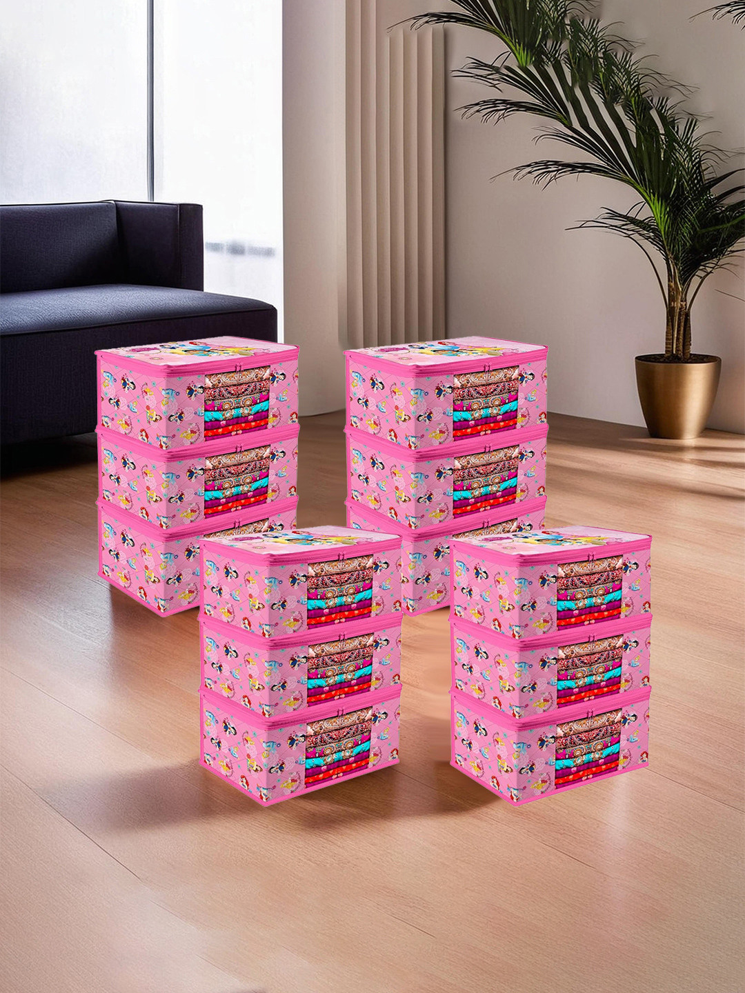 Kuber Industries Pink 12 Pieces Disney Princess Printed Saree Organisers