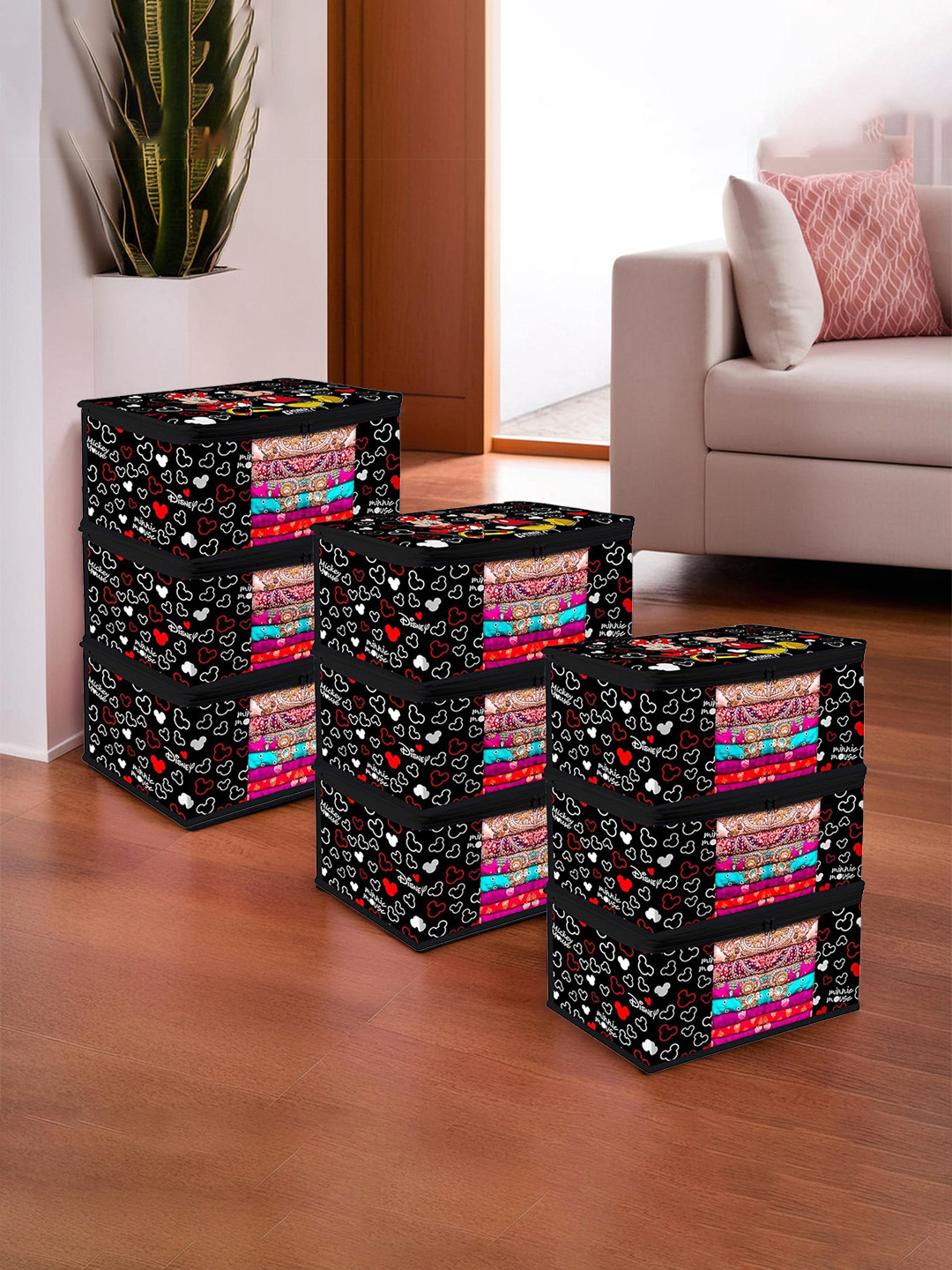 Kuber Industries Black & Red 9 Pieces Cartoon Printed Saree Organisers