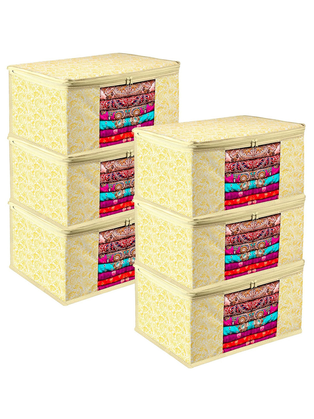 Kuber Industries Yellow & White 6 Pieces Printed Storage Bag Organiser