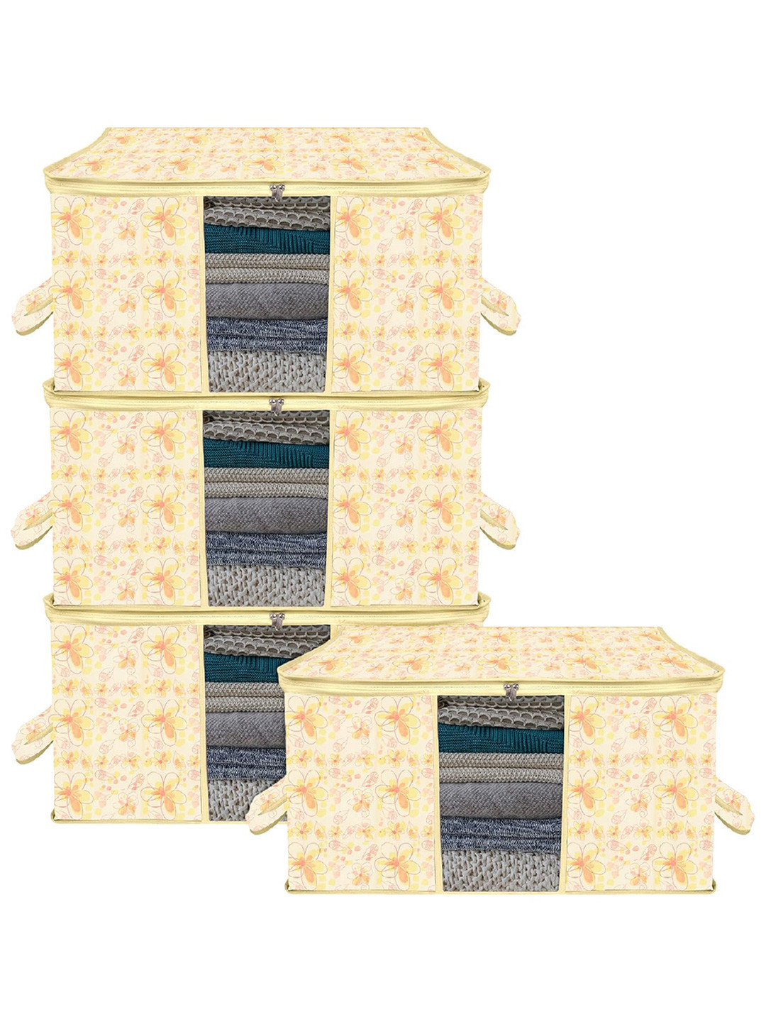 Kuber Industries White & Orange 4 Pieces Printed Saree Organizers