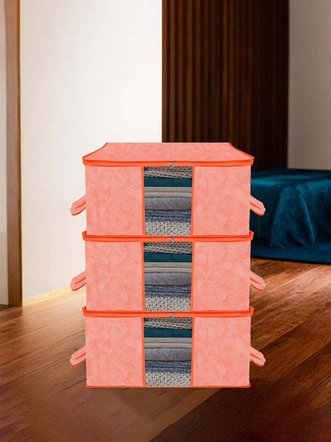 Kuber Industries Orange & White 3 Pieces Abstract Printed Cloth Organisers With Handles