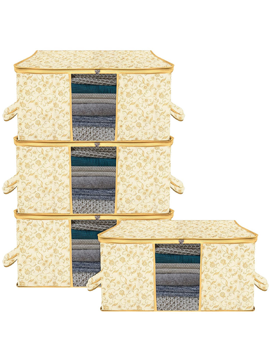 Kuber Industries Cream 4 Pieces Printed Saree Organizers