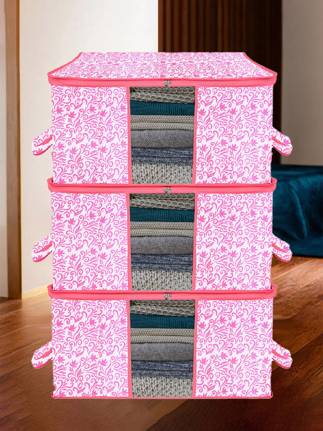 Kuber Industries Pink & White 3 Pieces Printed Storage Bag Organiser