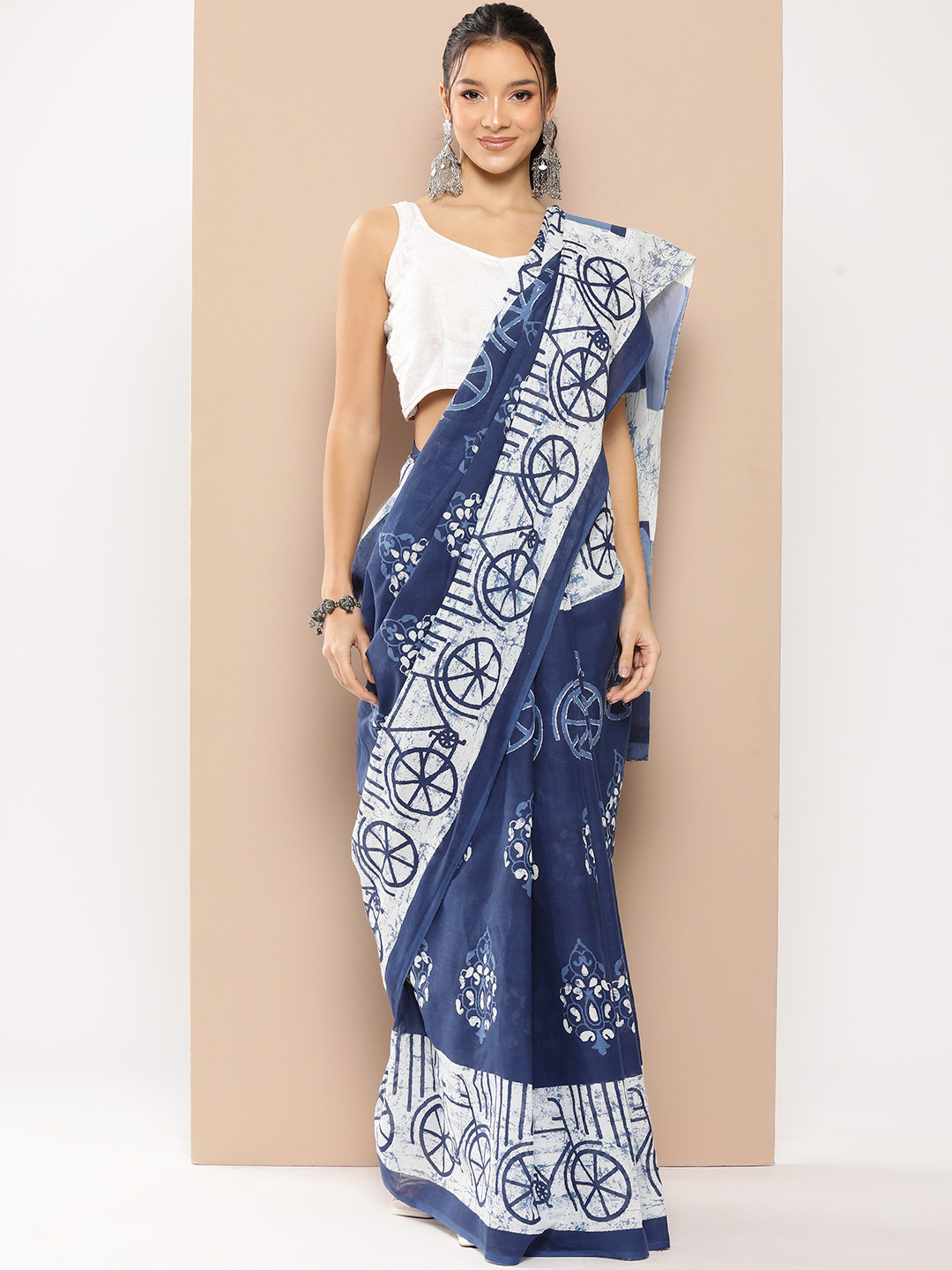 Yufta Blue Ethnic Motifs Voile Block Print Saree