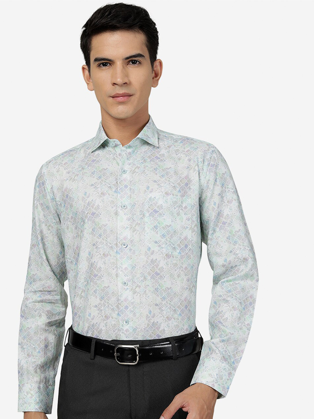 JADE BLUE Abstract Printed Pure Linen Pure Cotton Formal Shirt