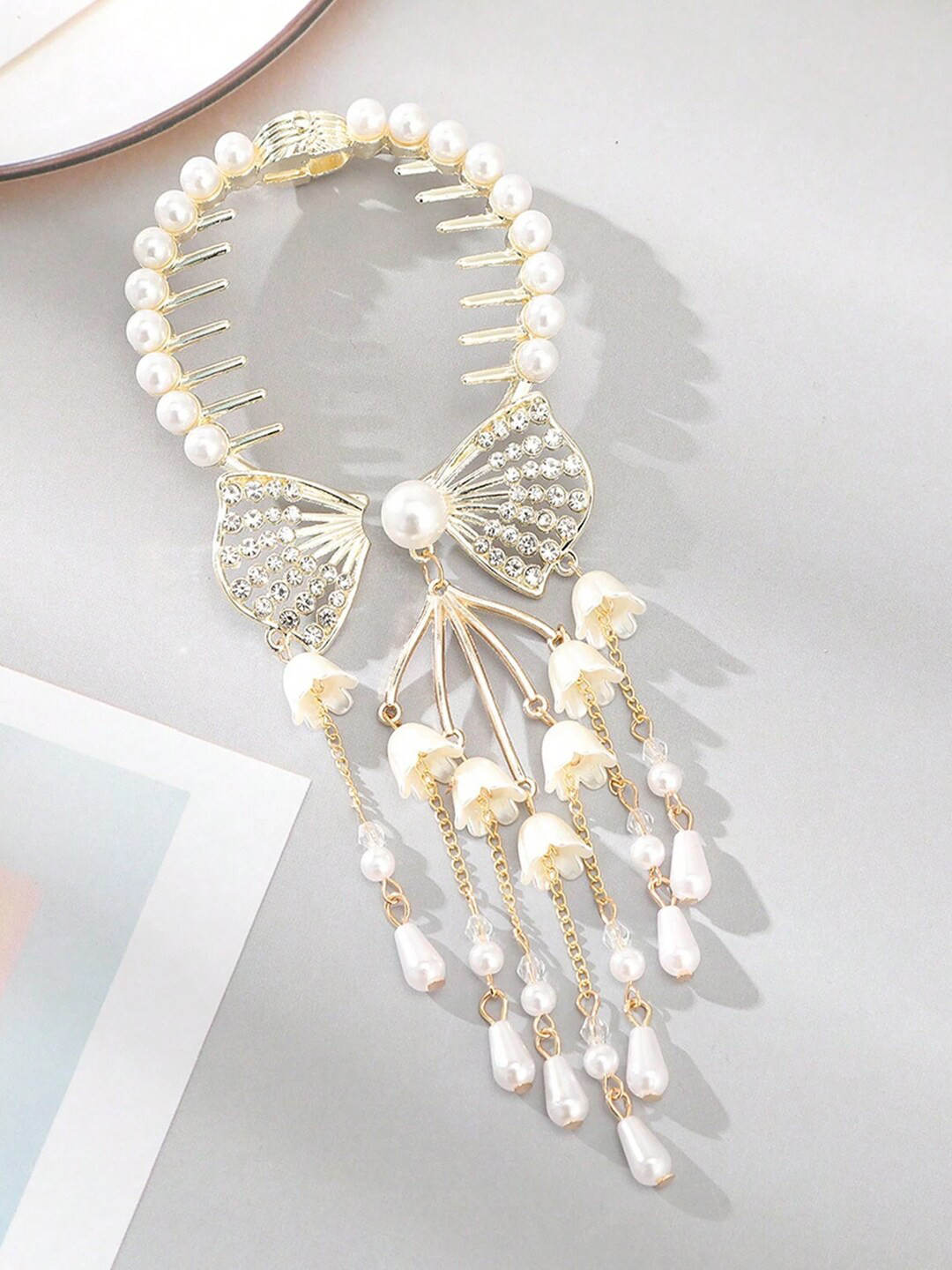 OOMPH Retro Bell Orchid Flower Pearls & Crystals-Studded Bun Pin