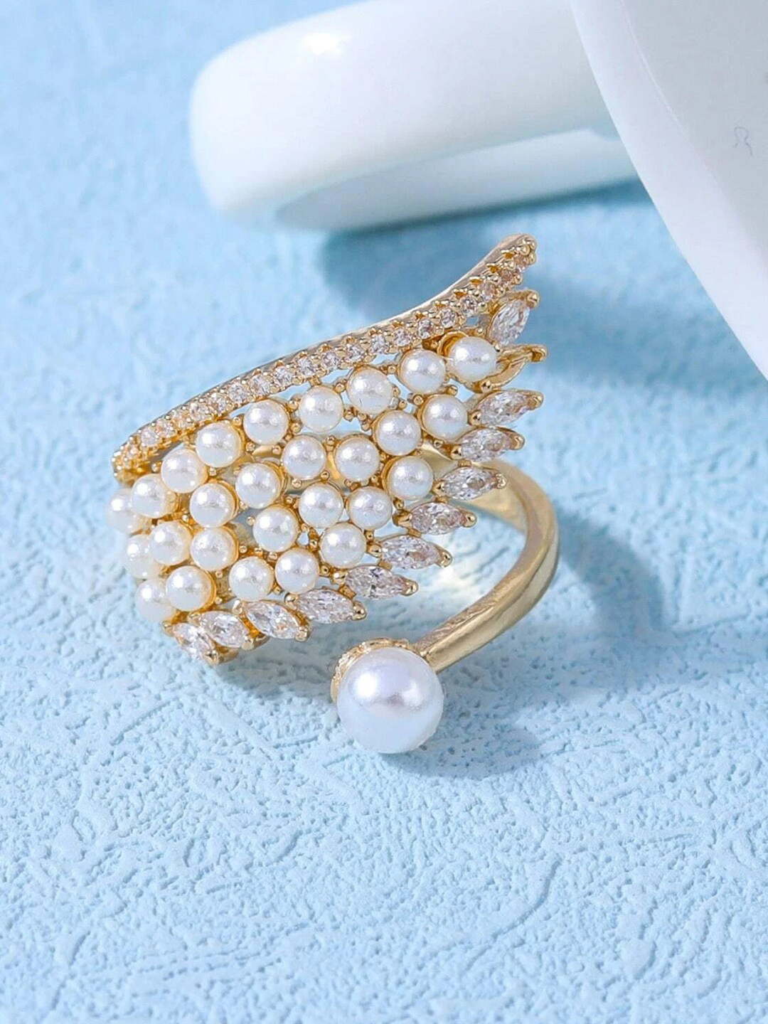 OOMPH Pearls Beaded Wing Shape Open Adjustable Finger Ring