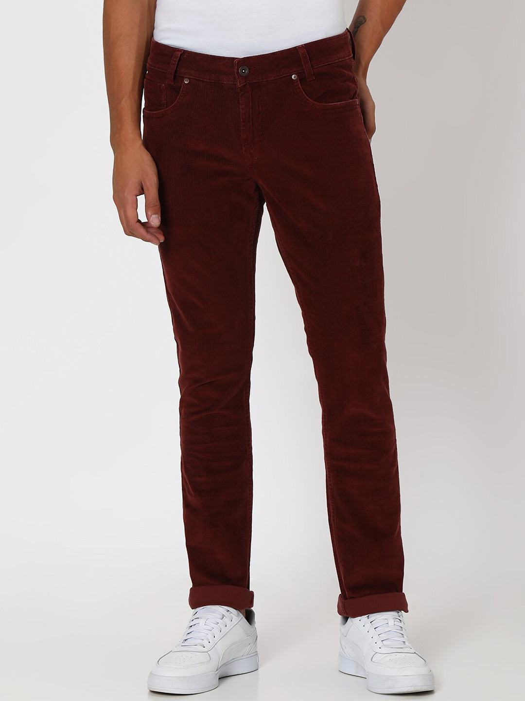 Mufti Men Slim Fit Mid-Rise Plain Cotton Corduroy Trousers