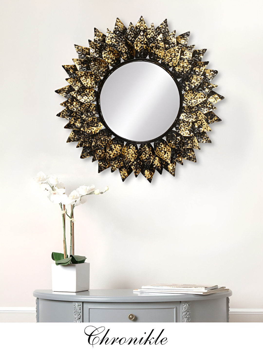 CHRONIKLE Gold Toned Textured Round Decor Wall Mirror