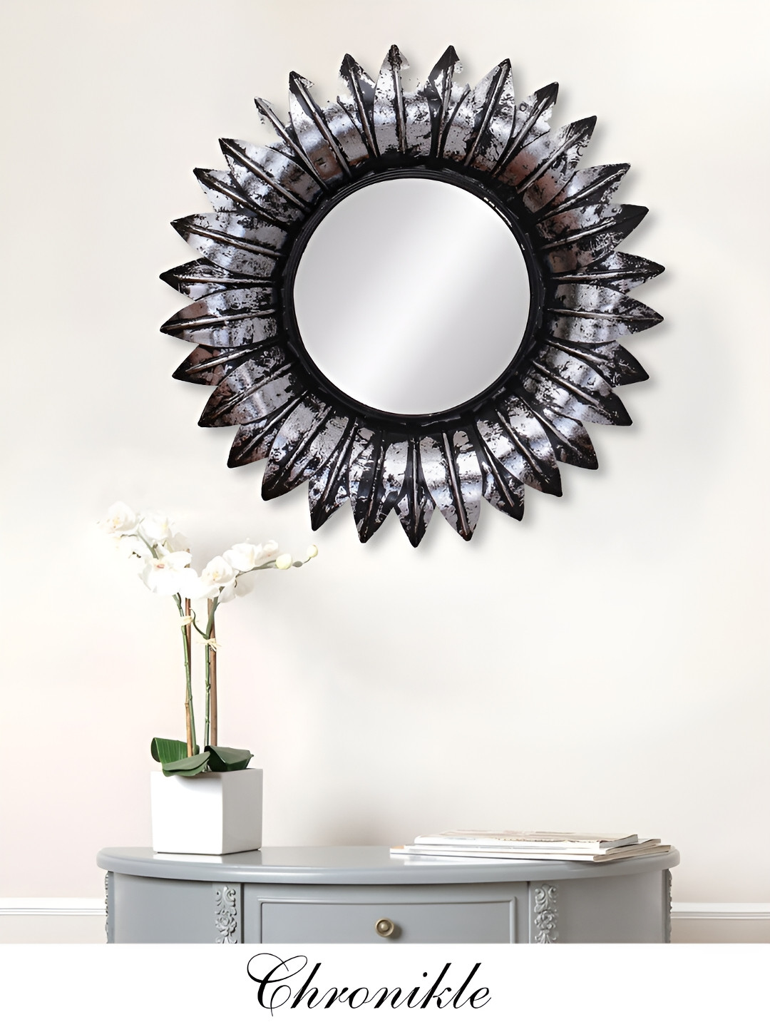 CHRONIKLE Black Textured Round Decor Wall Mirror