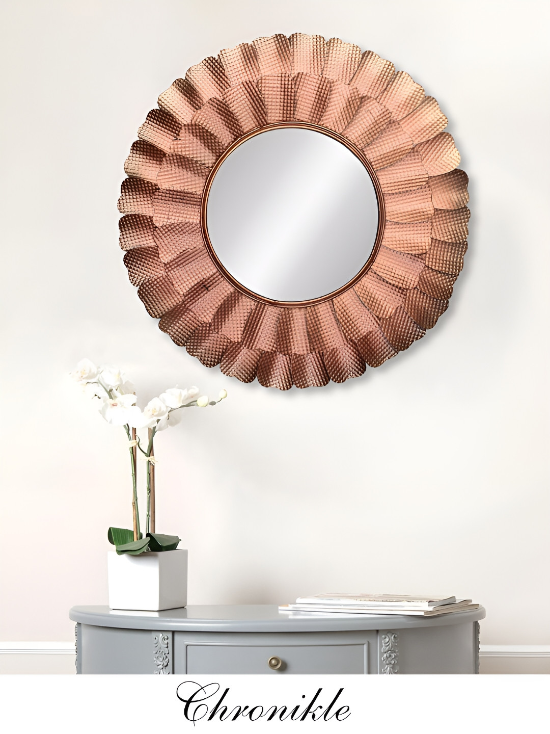 CHRONIKLE Rose Gold Toned Textured Round Decor Wall Mirror