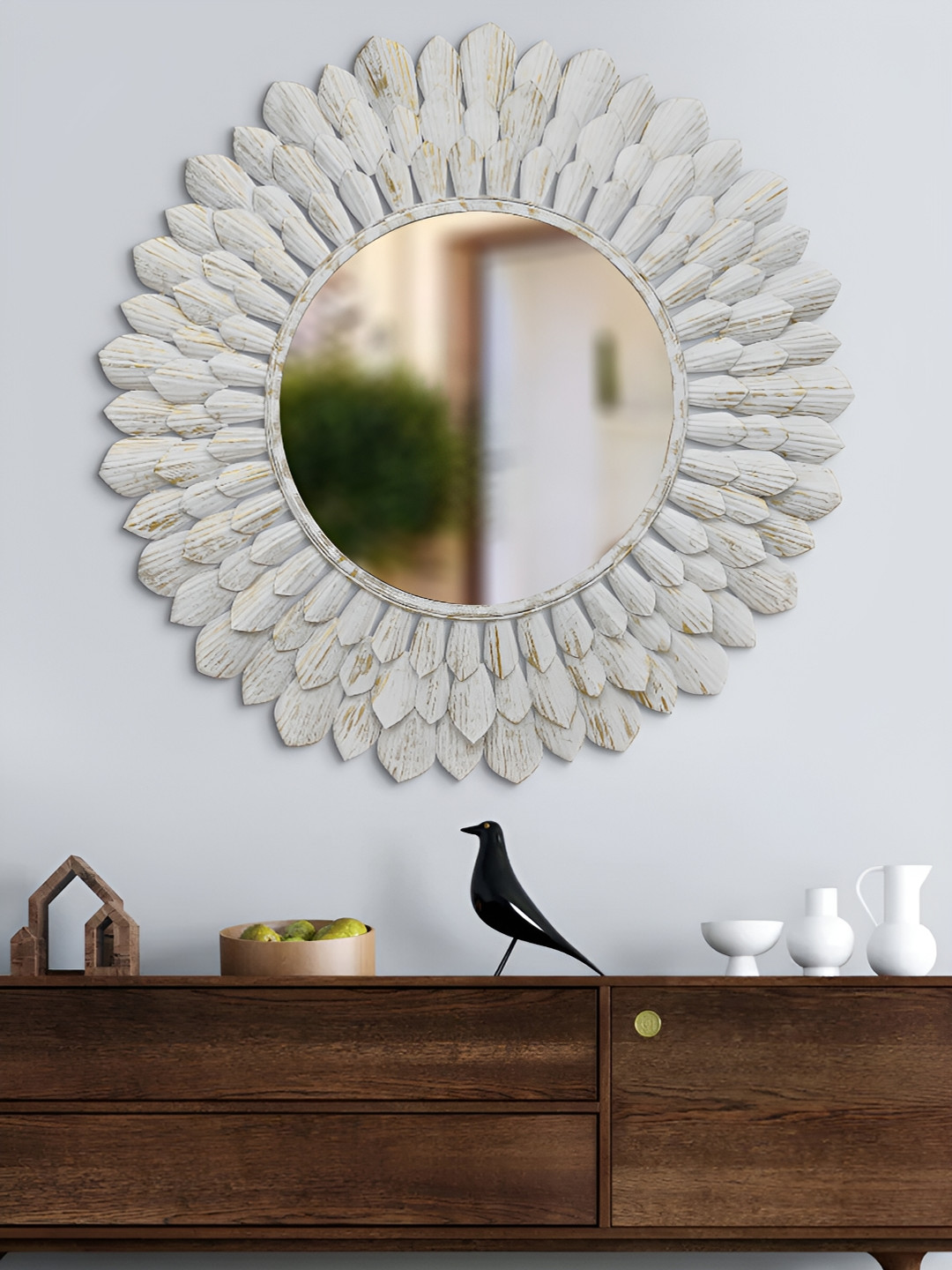 CHRONIKLE White Textured Round Decor Wall Mirror