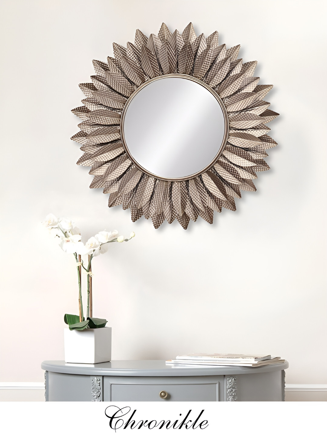 CHRONIKLE Gold Toned Textured Round Decor Wall Mirror