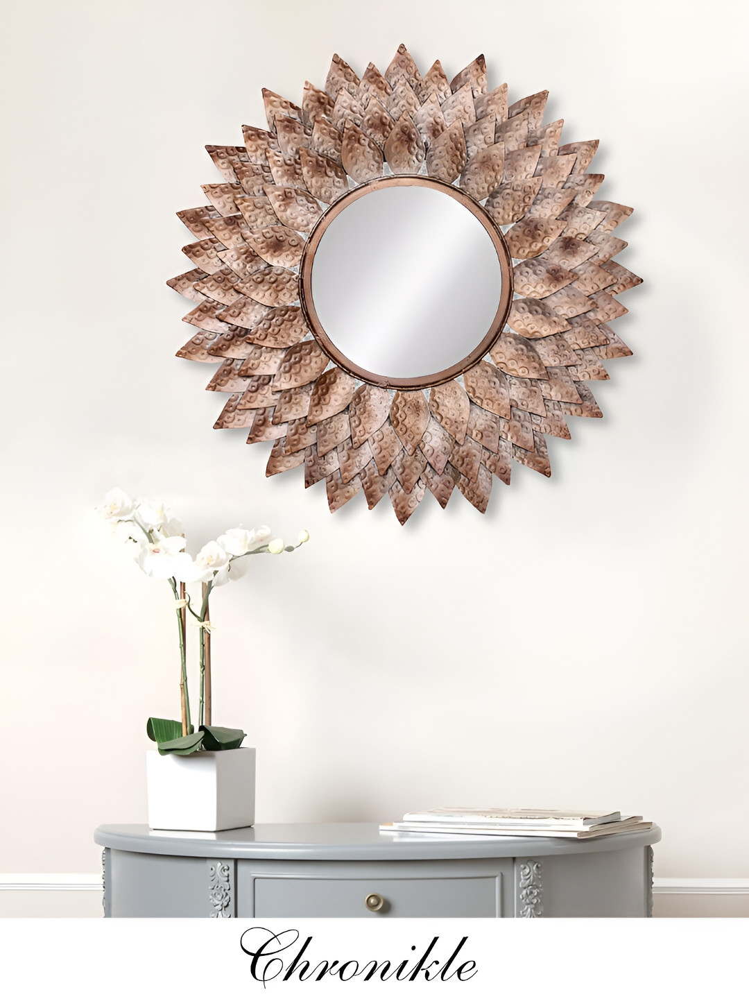CHRONIKLE Rose Gold Textured Round Decor Wall Mirror