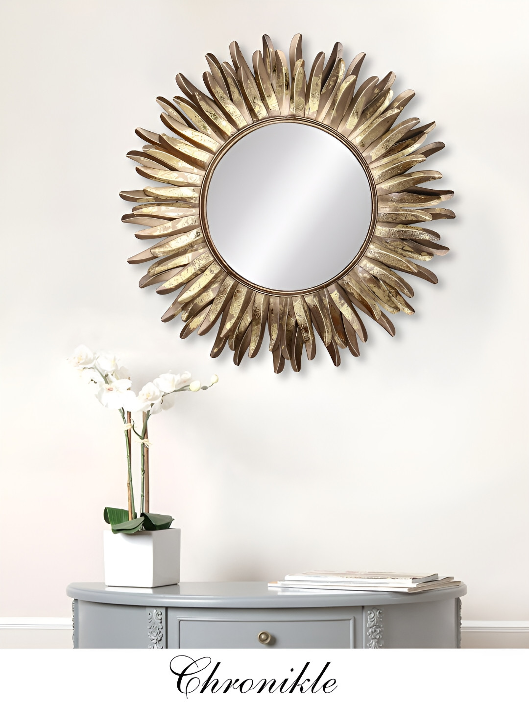 CHRONIKLE Gold Toned Round Shaped Decor Wall Mirror