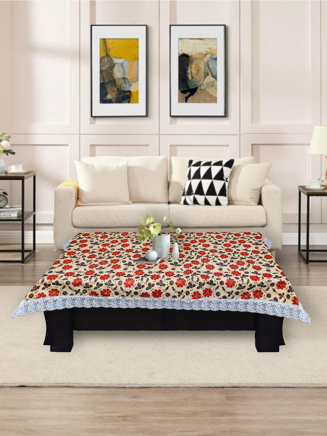 DREAM CARE Beige & Red Floral Printed Waterproof Rectangular Center Table Cover