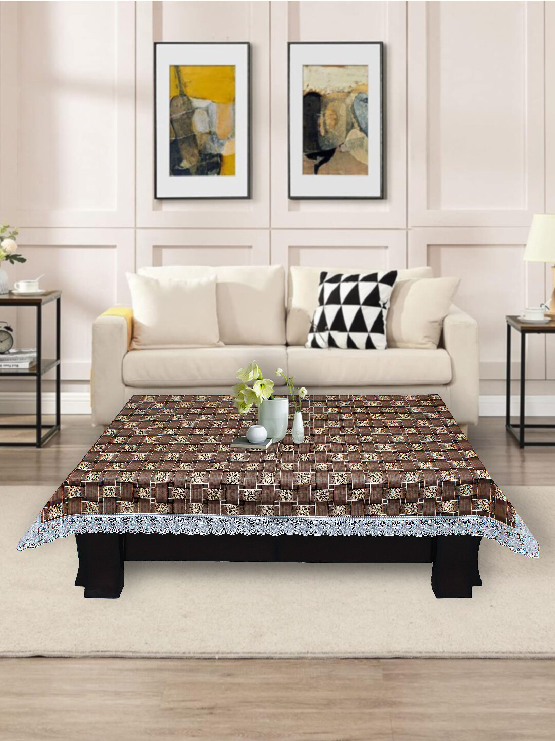 DREAM CARE Brown & Beige 2 Seater Checked Rectangular Waterproof Table Cover