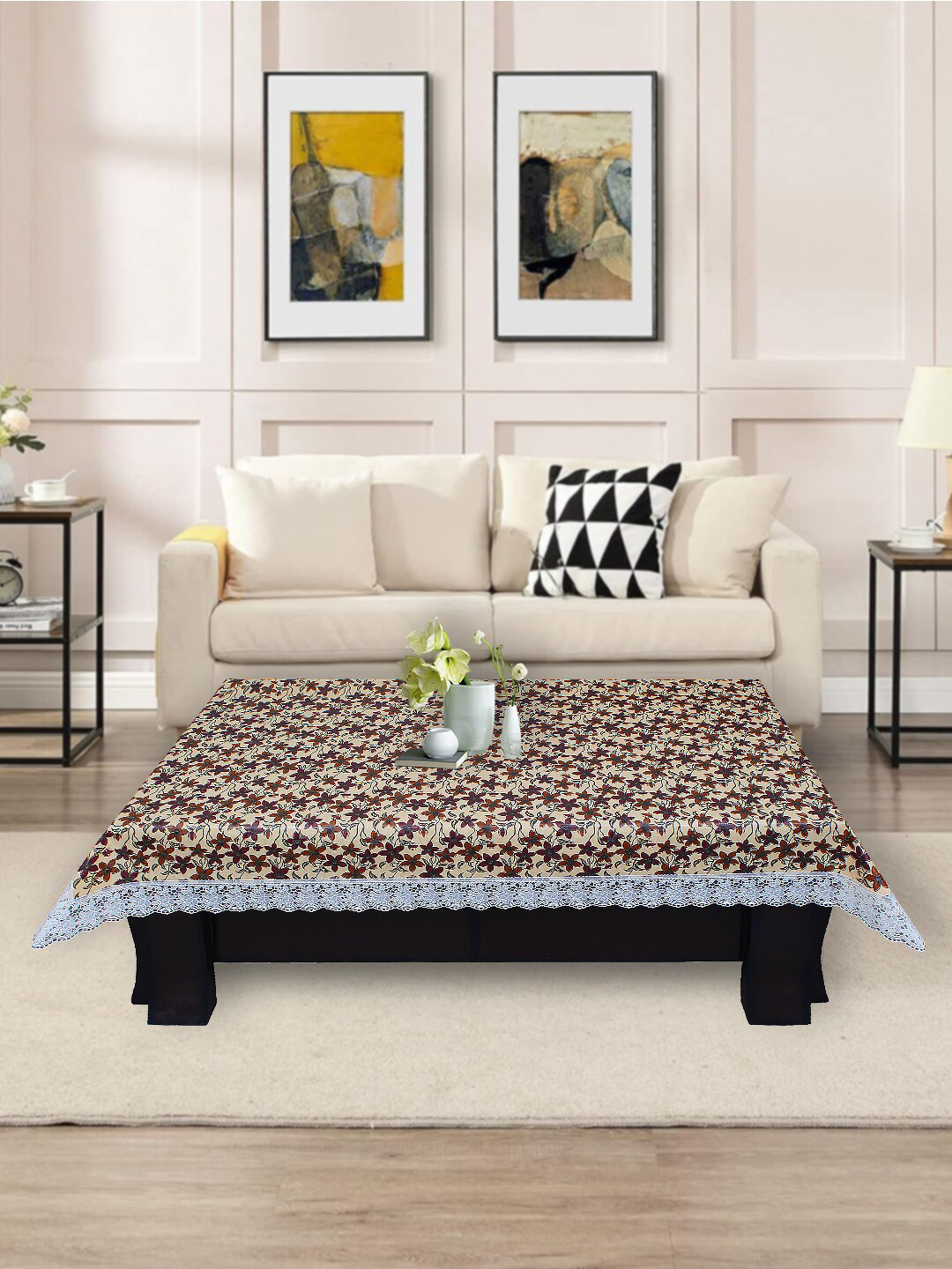 DREAM CARE Beige & Maroon Floral Printed Waterproof Rectangular Center Table Cover
