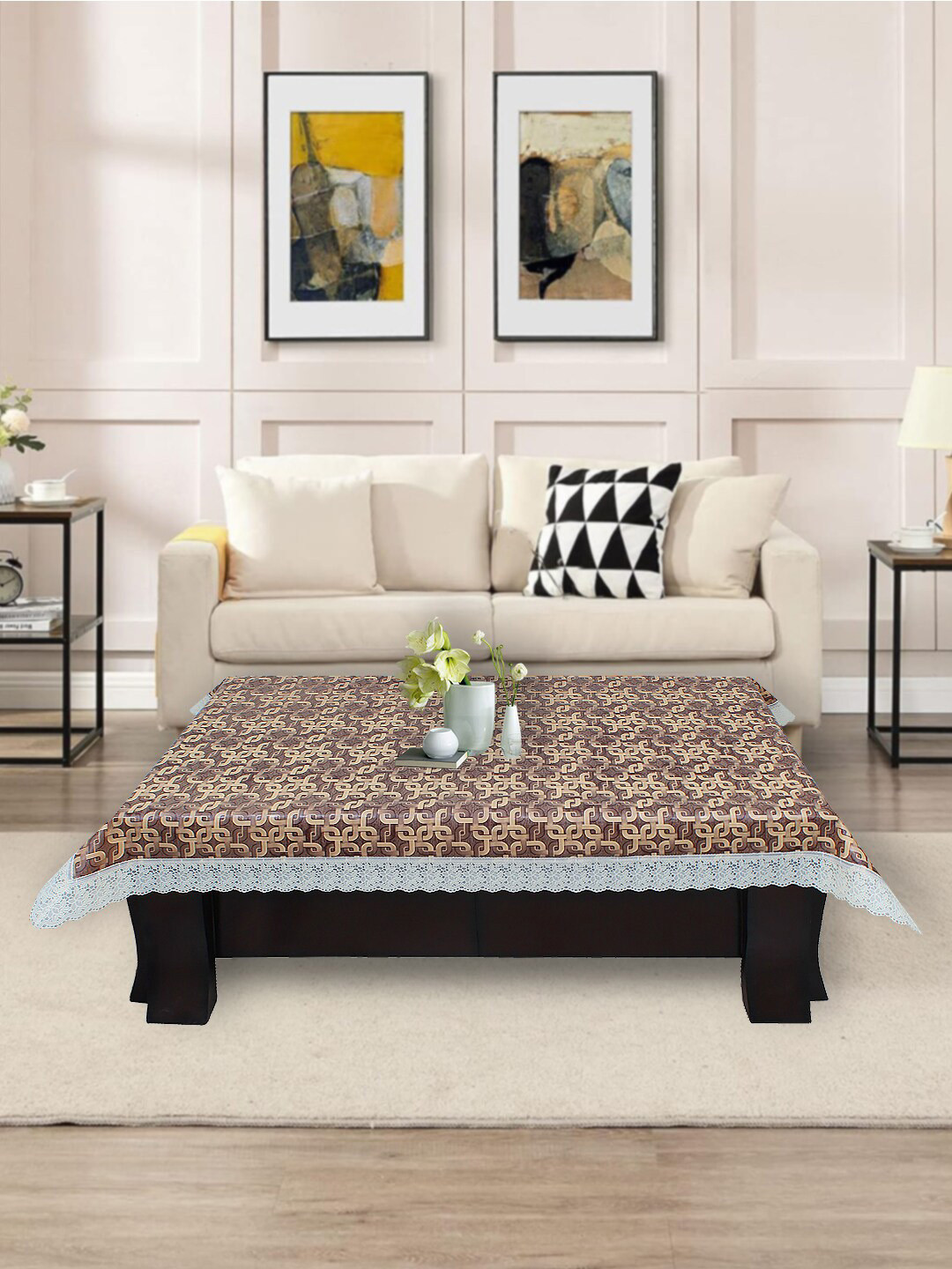 DREAM CARE Beige & Grey Geometric Printed Waterproof Rectangular Center Table Cover